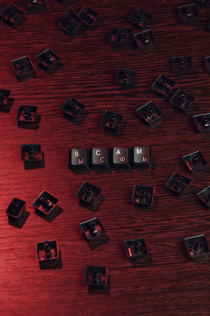 Close-up of scattered keyboard keycaps with 'SCAM' spelled out on a wooden surface.